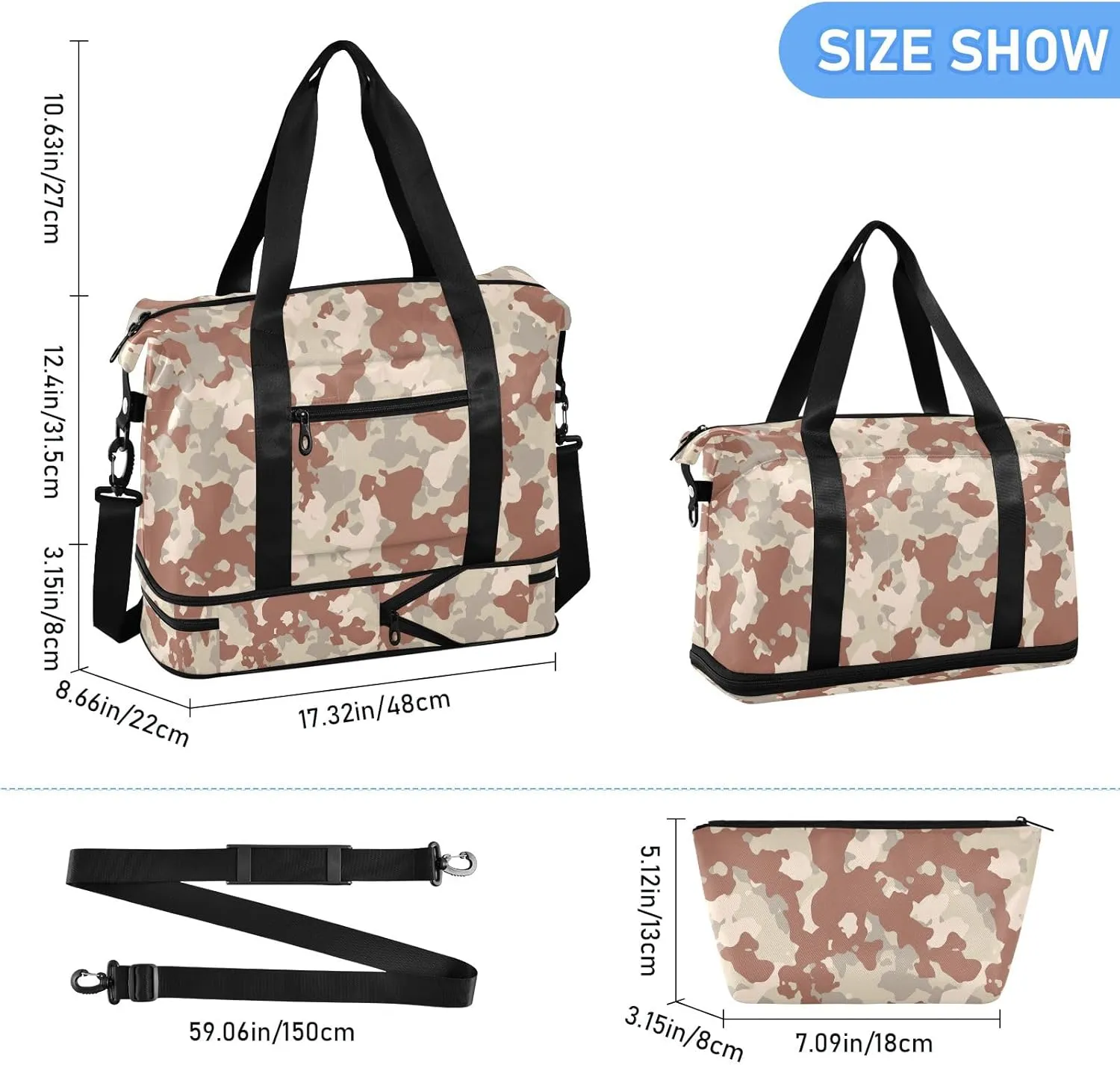Brown Camouflage Traveling Bags Luggage Expandable Mens Gym Bag, Mens Duffle Bag Weekender Bag with Dry and Wet Separation