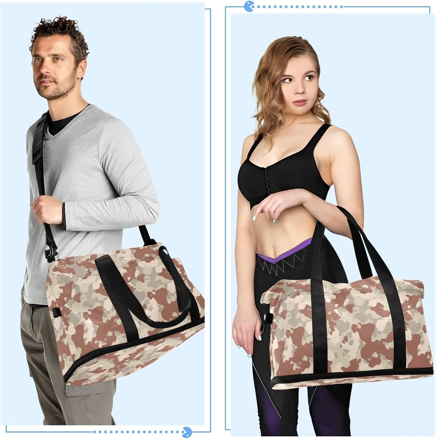 Brown Camouflage Traveling Bags Luggage Expandable Mens Gym Bag, Mens Duffle Bag Weekender Bag with Dry and Wet Separation