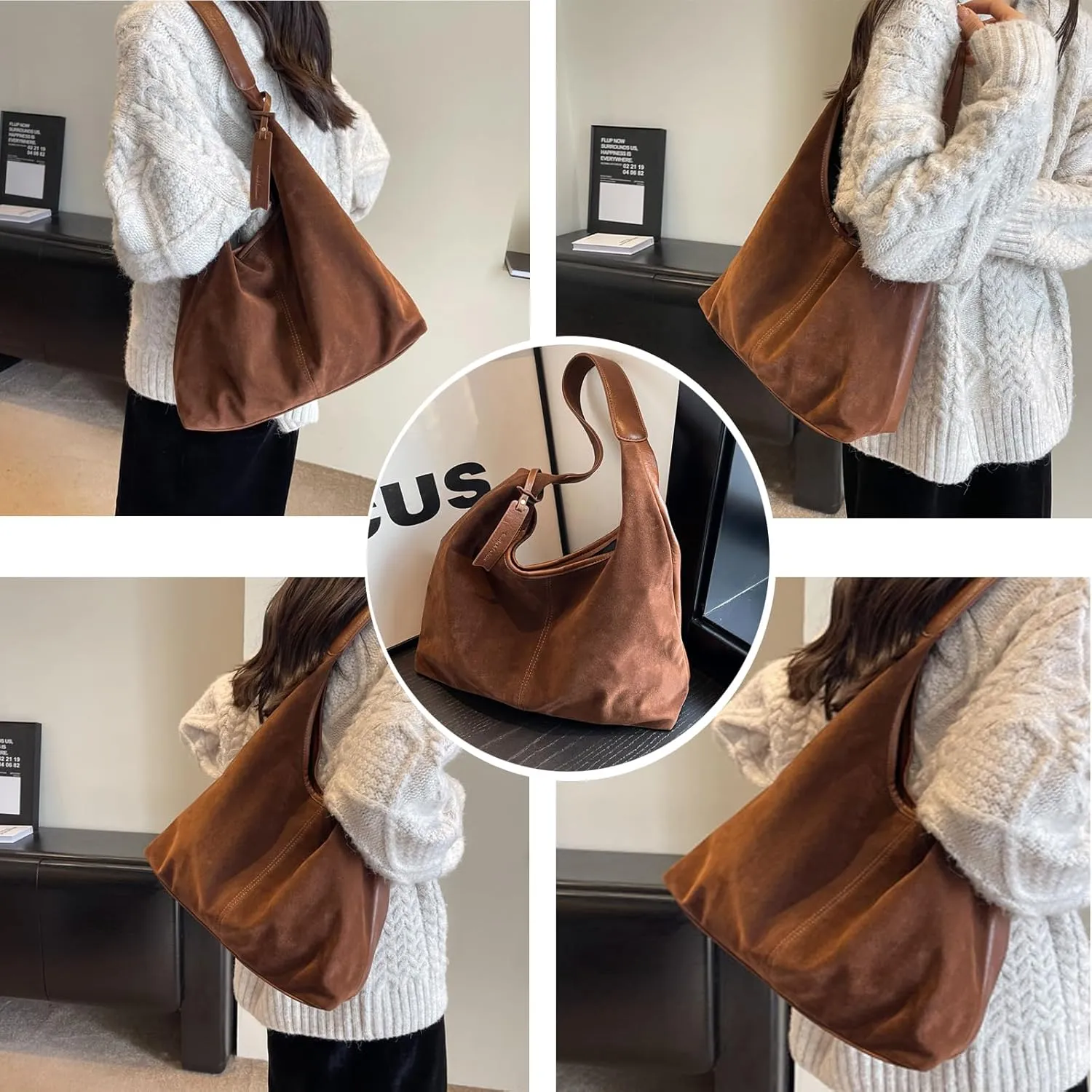 Brown Purses for Women Suede Tote Bag Hobo Bag Suede Fall Purses Shoulder Bag Handbags Brown Cross Body Bag