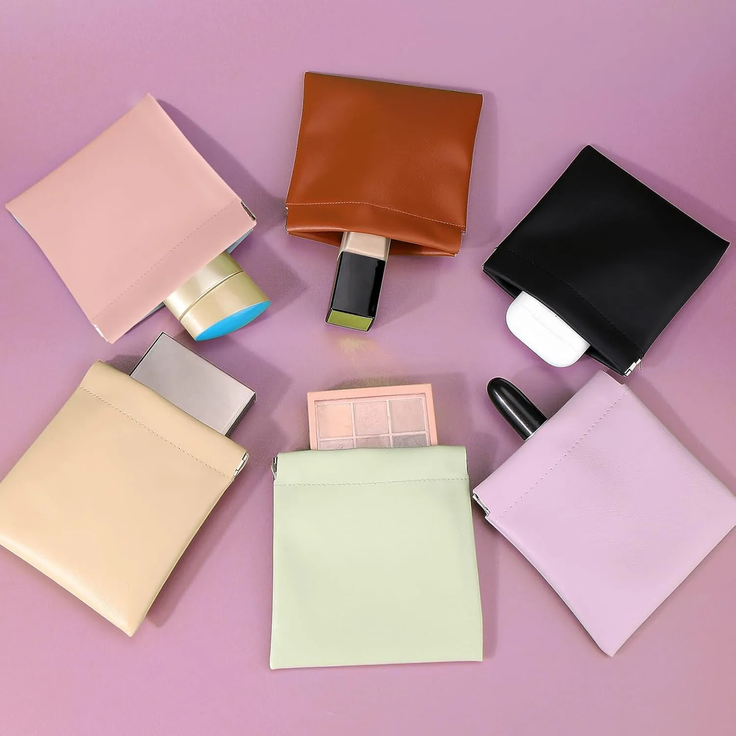 BUSOHA 8PCS Snap Closure Organizer Pouch, Small Women's Leather Pouches for Purse, Mini Makeup Bag for Cosmetics Headphones Jewelry Lipstick