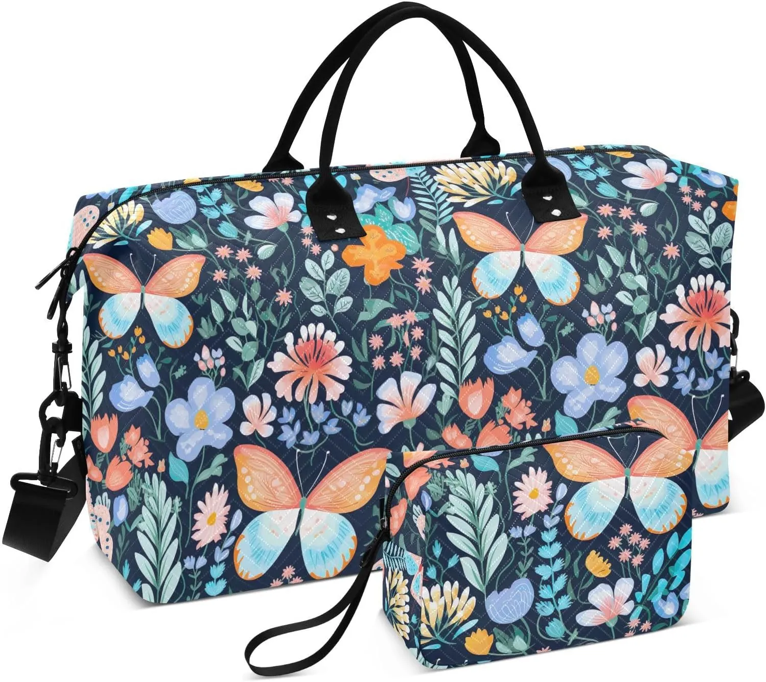 Butterflies Florals Black Travel Duffle Bag Duffel Bags Large Weekender Bag Carry On Duffel Bag Gym Bag with Toiletry Bag Garment Duffle Bags for Women Men Adults Airplanes Ttrip Yoga Sports