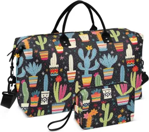 Cactus Succulents Flower Travel Duffle Bag Duffel Bags Large Weekender Bag Carry On Duffel Bag Gym Bag with Toiletry Bag Garment Duffle Bags for Yoga Women Airplanes Men Adults Trip Sports