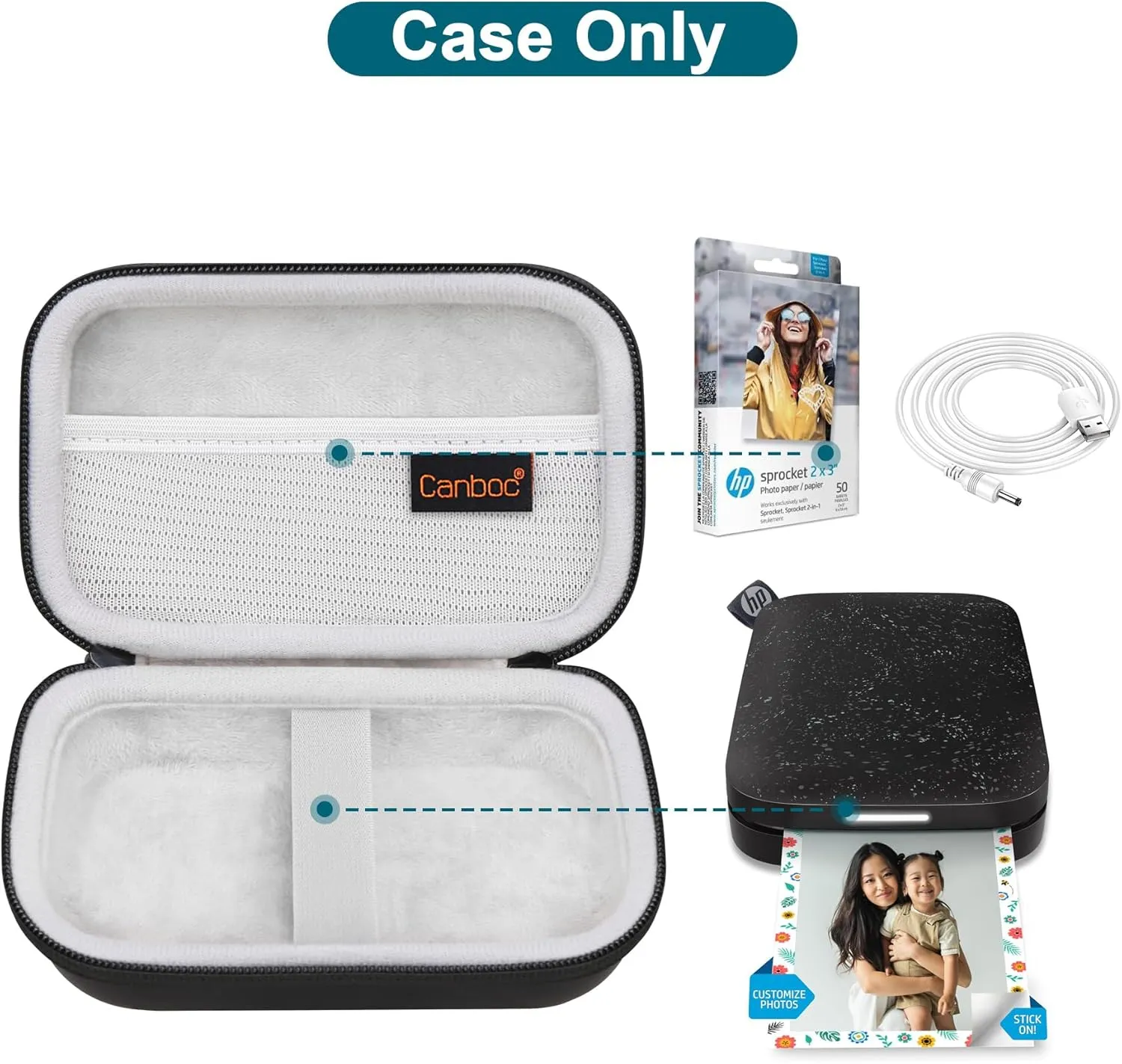 Canboc Carrying Case for HP Sprocket, KODAK Step, Lifeprint 2x3 Instant Smartphone Photo Printers - Mesh Bag, Fits Photo Paper & Cable, Black