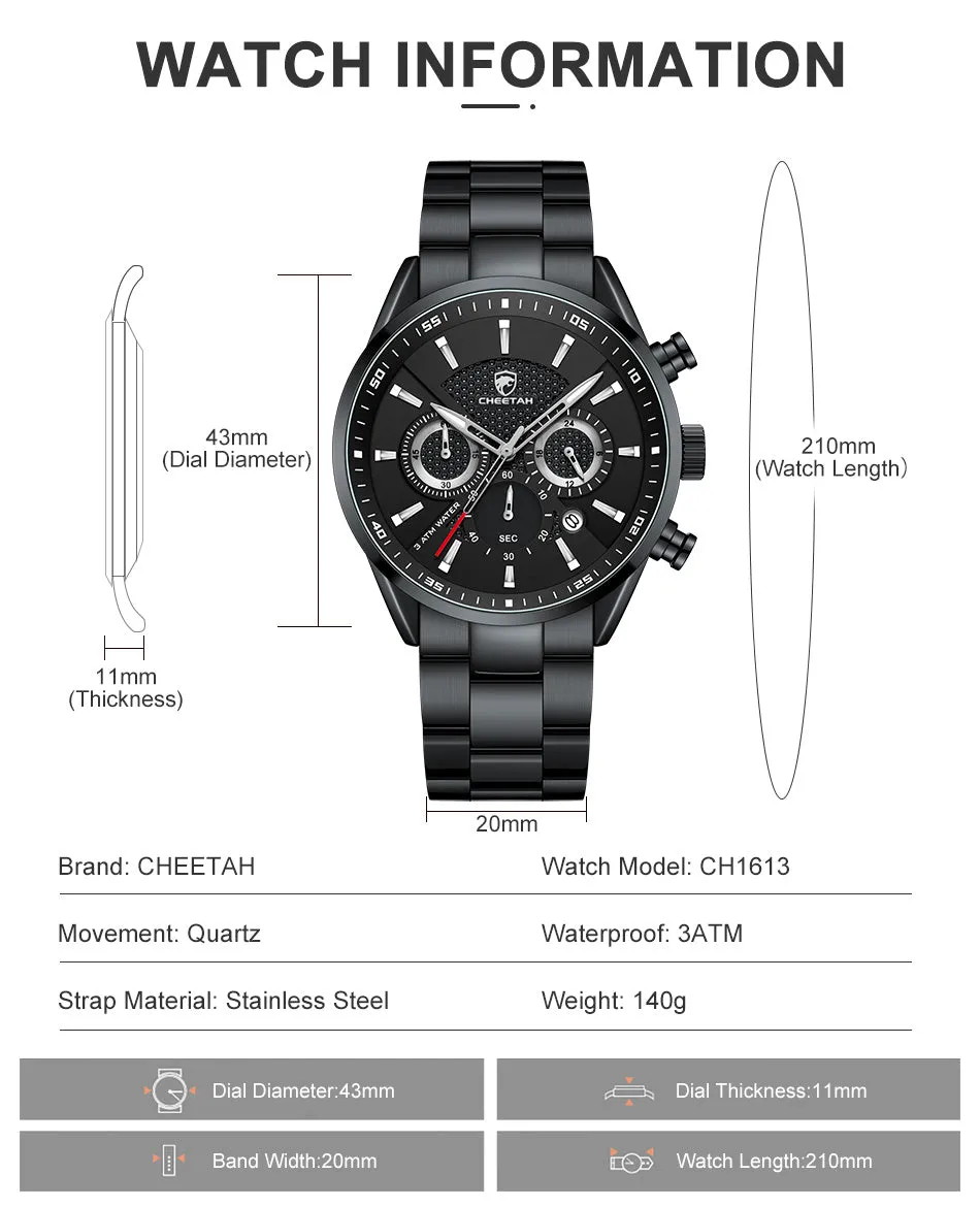 CHEETAH CH1613 CROWN - Men's Luxury Watch - Black Silver