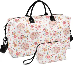Childish Hedgehog Floral Flowers Cute Duffel Bag for Travel Toiletry Pouches Set, Print Women Garment Duffel Bag Carry on Duffle