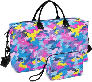 Colorful Camouflage Travel Duffle Bag Duffel Bags Large Weekender Bag Carry On Duffel Bag Gym Bag with Toiletry Bag Garment Duffle Bags for Airplanes Women Men Yoga Sports Trip Adults