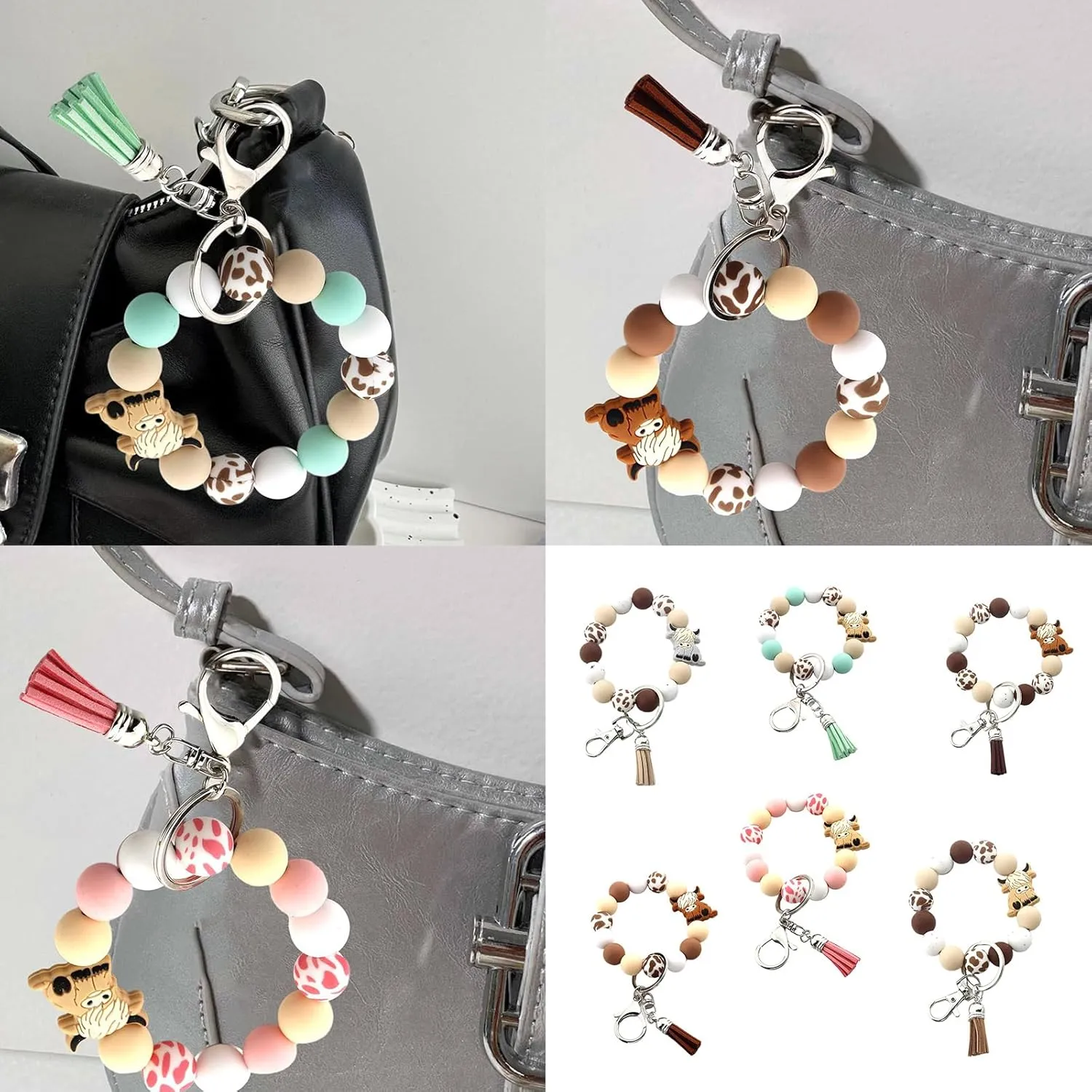 Colorful Highlands Cow Keychain Modern Highlands Cow Keychain Silicone Beaded Wristlet Keyrings Pendant for Women