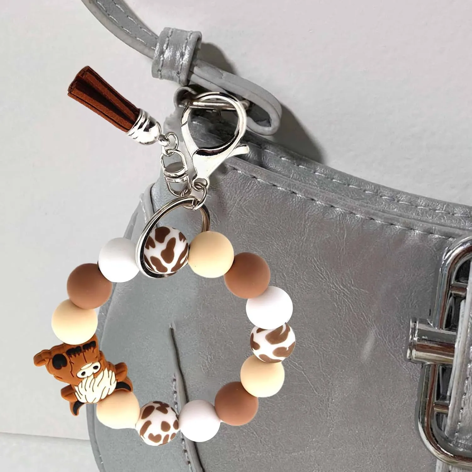Colorful Highlands Cow Keychain Modern Highlands Cow Keychain Silicone Beaded Wristlet Keyrings Pendant for Women