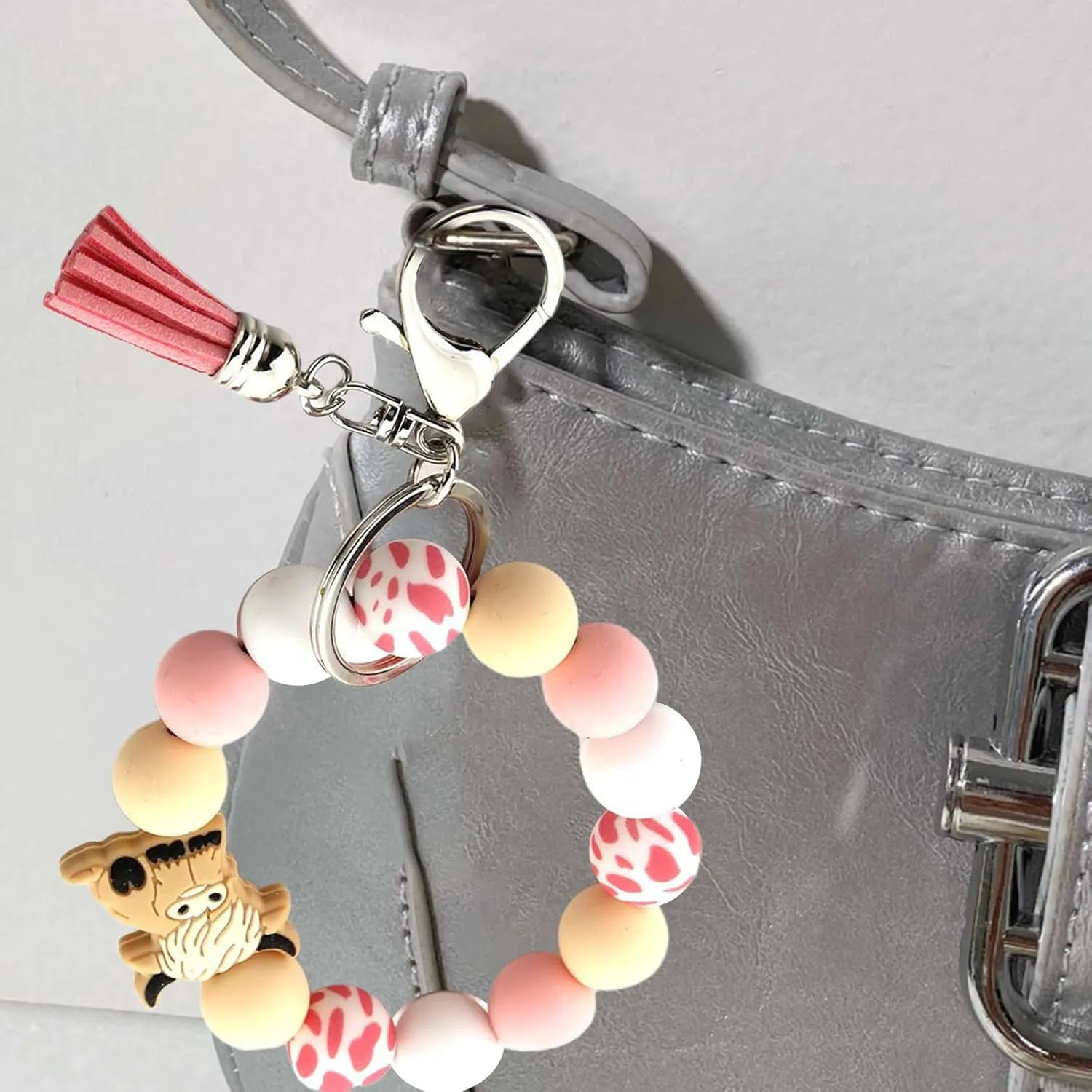 Colorful Highlands Cow Keychain Modern Highlands Cow Keychain Silicone Beaded Wristlet Keyrings Pendant for Women