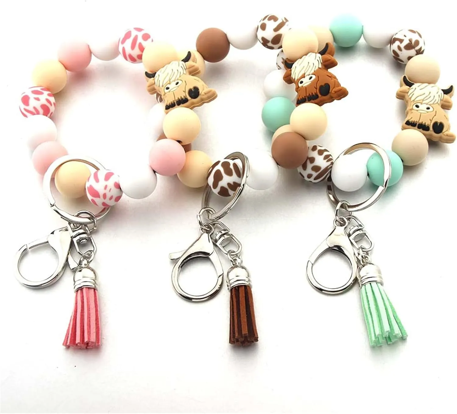 Colorful Highlands Cow Keychain Modern Highlands Cow Keychain Silicone Beaded Wristlet Keyrings Pendant for Women