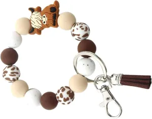 Colorful Highlands Cow Keychain Modern Highlands Cow Keychain Silicone Beaded Wristlet Keyrings Pendant for Women