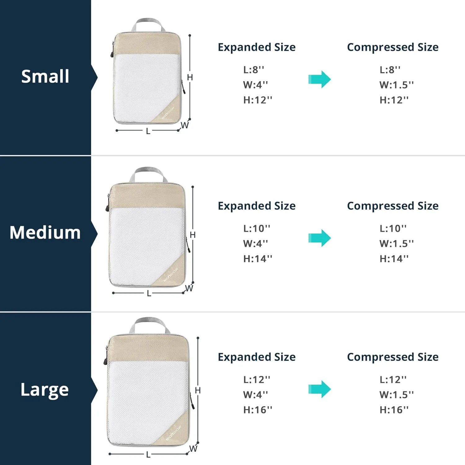 Compression Packing Cubes 3 Set, Compressible Space-Saving Packing Cubes for Travel - Compression Bags, Luggage Organizer, Travel Essentials for Women, Beige
