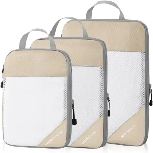 Compression Packing Cubes 3 Set, Compressible Space-Saving Packing Cubes for Travel - Compression Bags, Luggage Organizer, Travel Essentials for Women, Beige