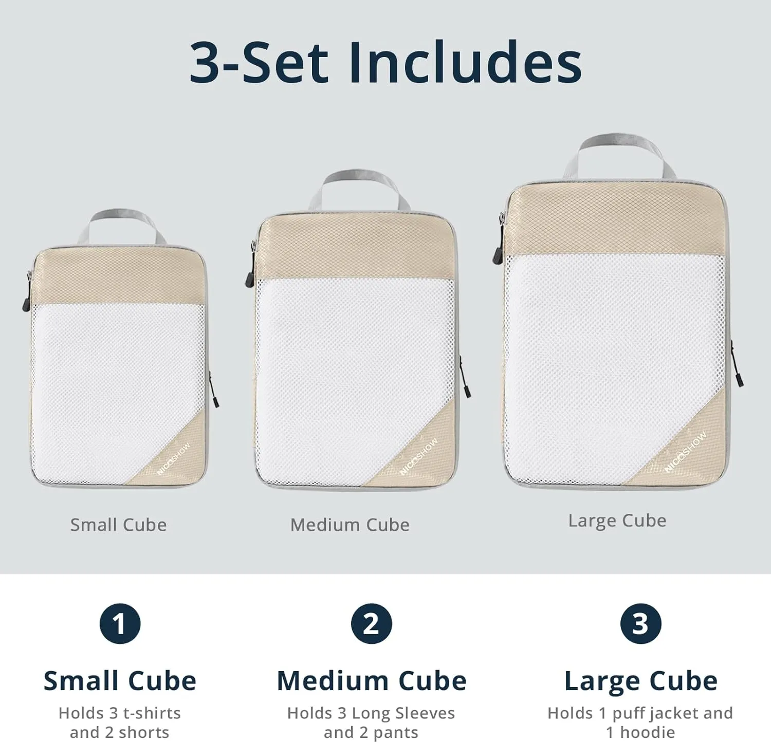 Compression Packing Cubes 3 Set, Compressible Space-Saving Packing Cubes for Travel - Compression Bags, Luggage Organizer, Travel Essentials for Women, Beige