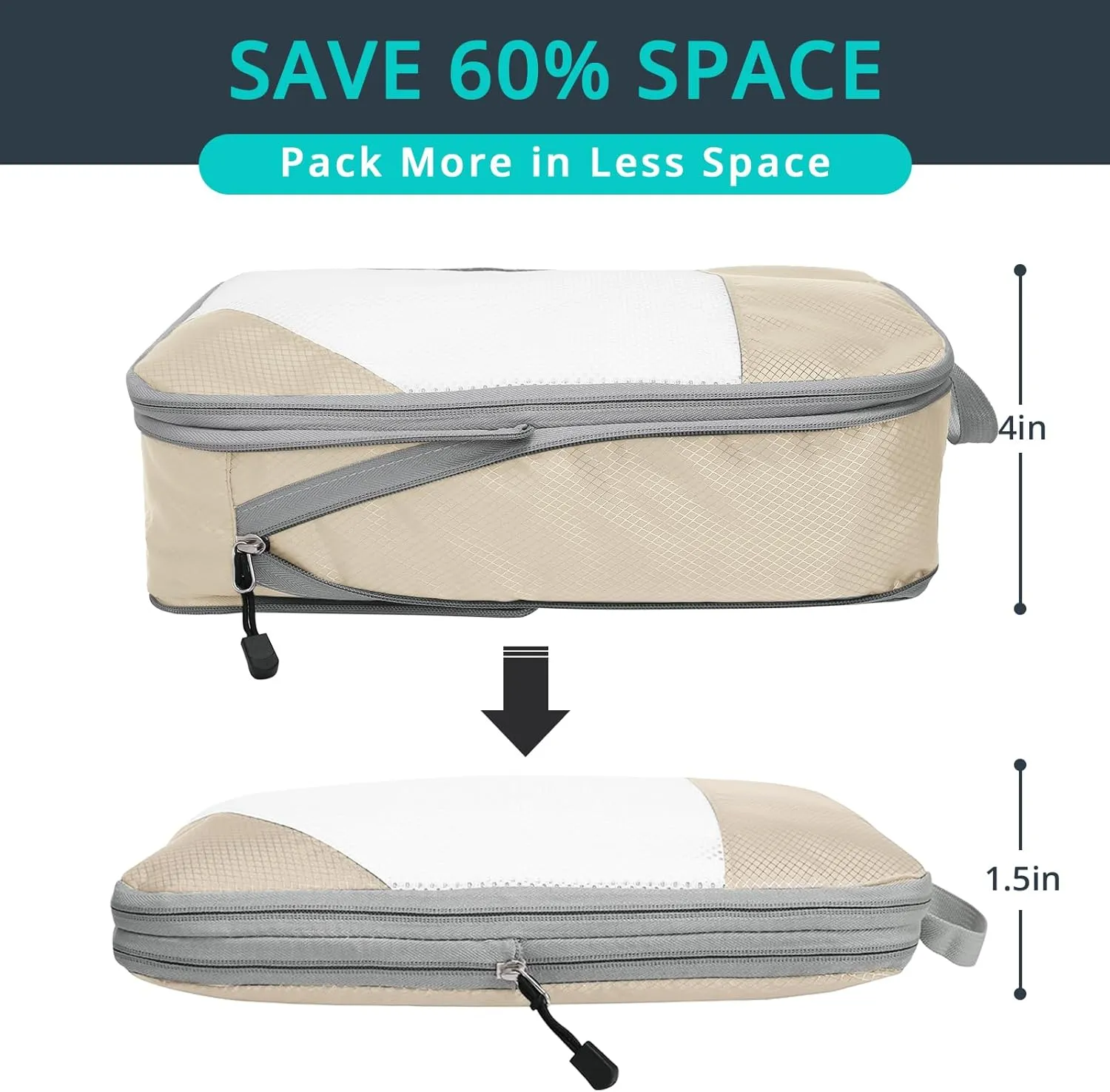 Compression Packing Cubes 3 Set, Compressible Space-Saving Packing Cubes for Travel - Compression Bags, Luggage Organizer, Travel Essentials for Women, Beige