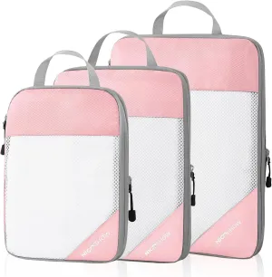 Compression Packing Cubes 3 Set, Compressible Space-Saving Packing Cubes for Travel - Compression Bags, Luggage Organizer, Travel Essentials for Women, Pink