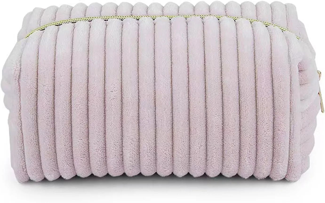Cosmetic Bag for Purse, Corduroy Makeup Bag for Women Toiletry Bag Small Travel Makeup Bag Cute Makeup Bags Skincare Bag Makeup Pouch Organizer, Pink