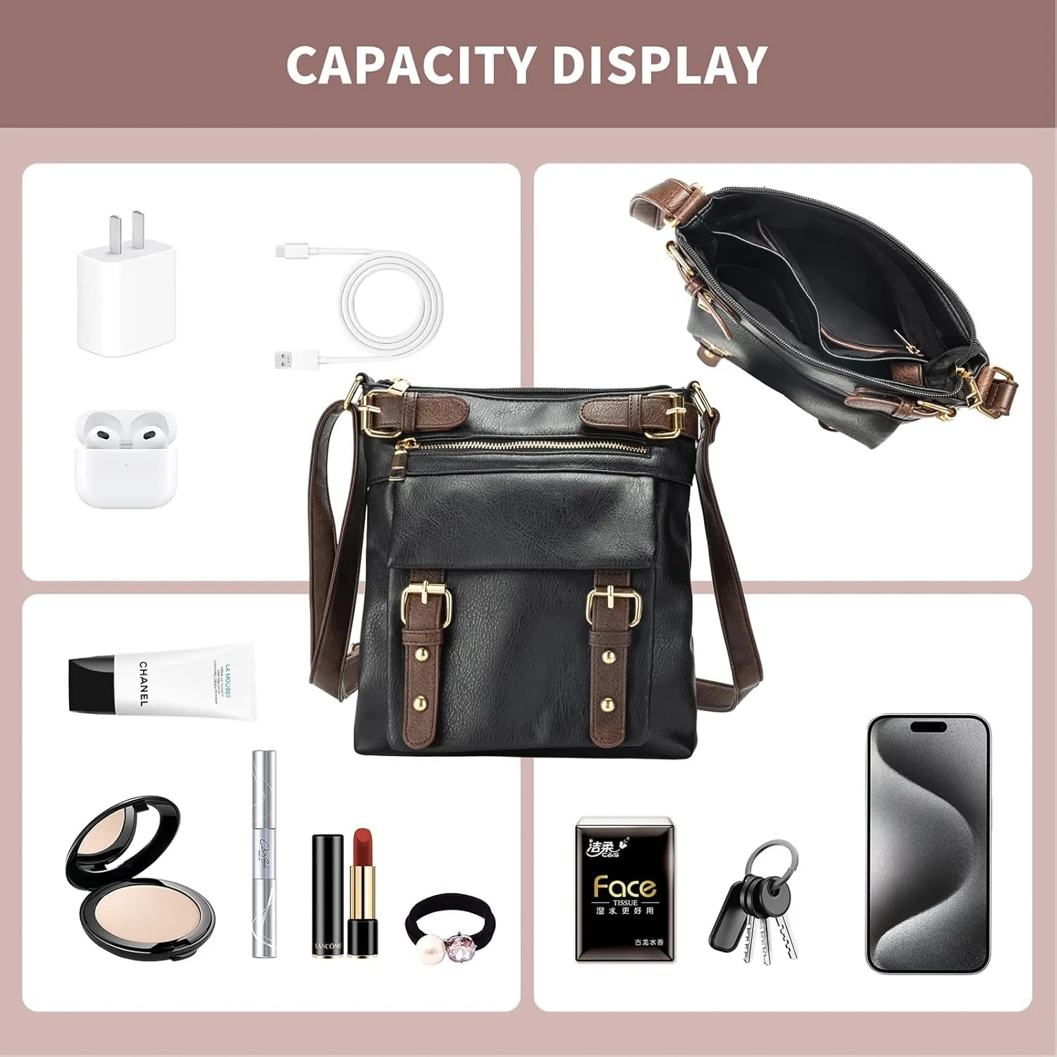 Crossbody Bags for Women Multi Pocket Shoulder Bag Soft Vegan Leather Handbag Medium Travel Purses Cross Body Bags