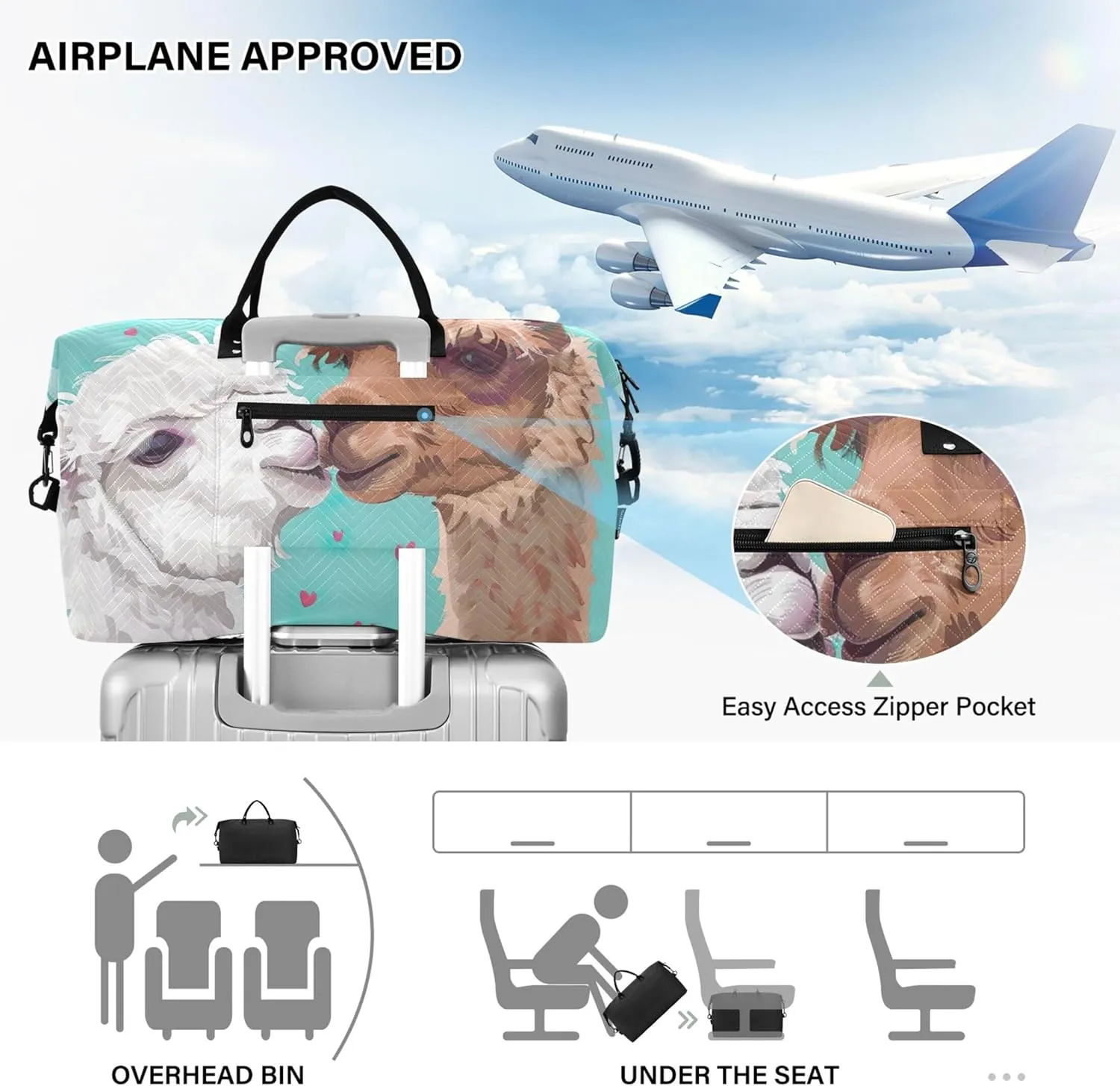 Cute Alpaca Kiss Travel Duffle Women Makeup Bag Set of 2, Print Women Gym Tote Bags Traveling Bags