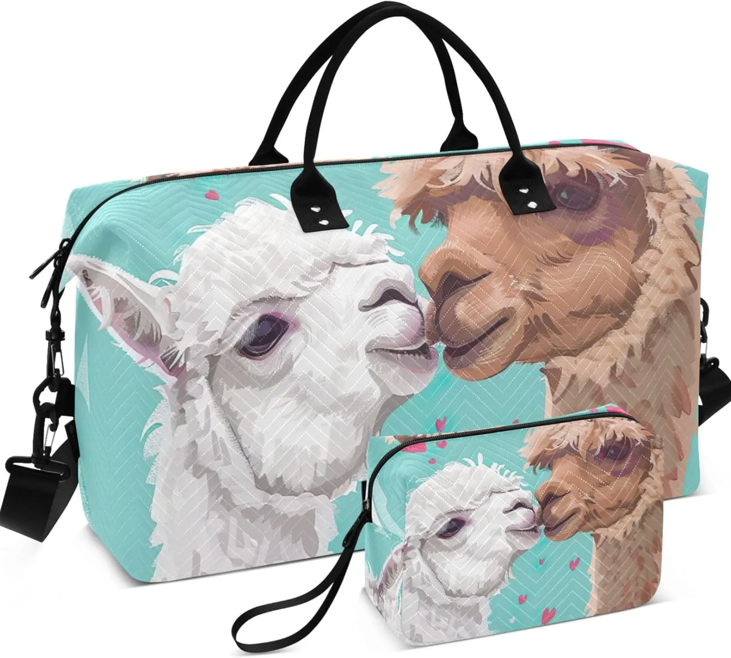 Cute Alpaca Kiss Travel Duffle Women Makeup Bag Set of 2, Print Women Gym Tote Bags Traveling Bags