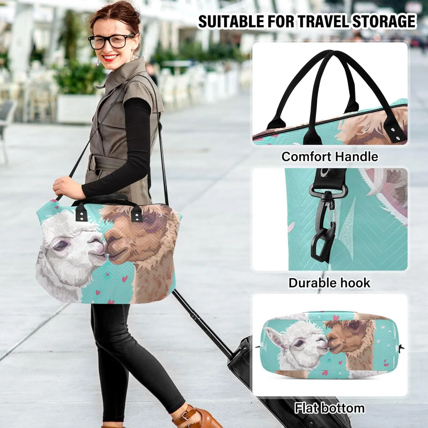 Cute Alpaca Kiss Travel Duffle Women Makeup Bag Set of 2, Print Women Gym Tote Bags Traveling Bags