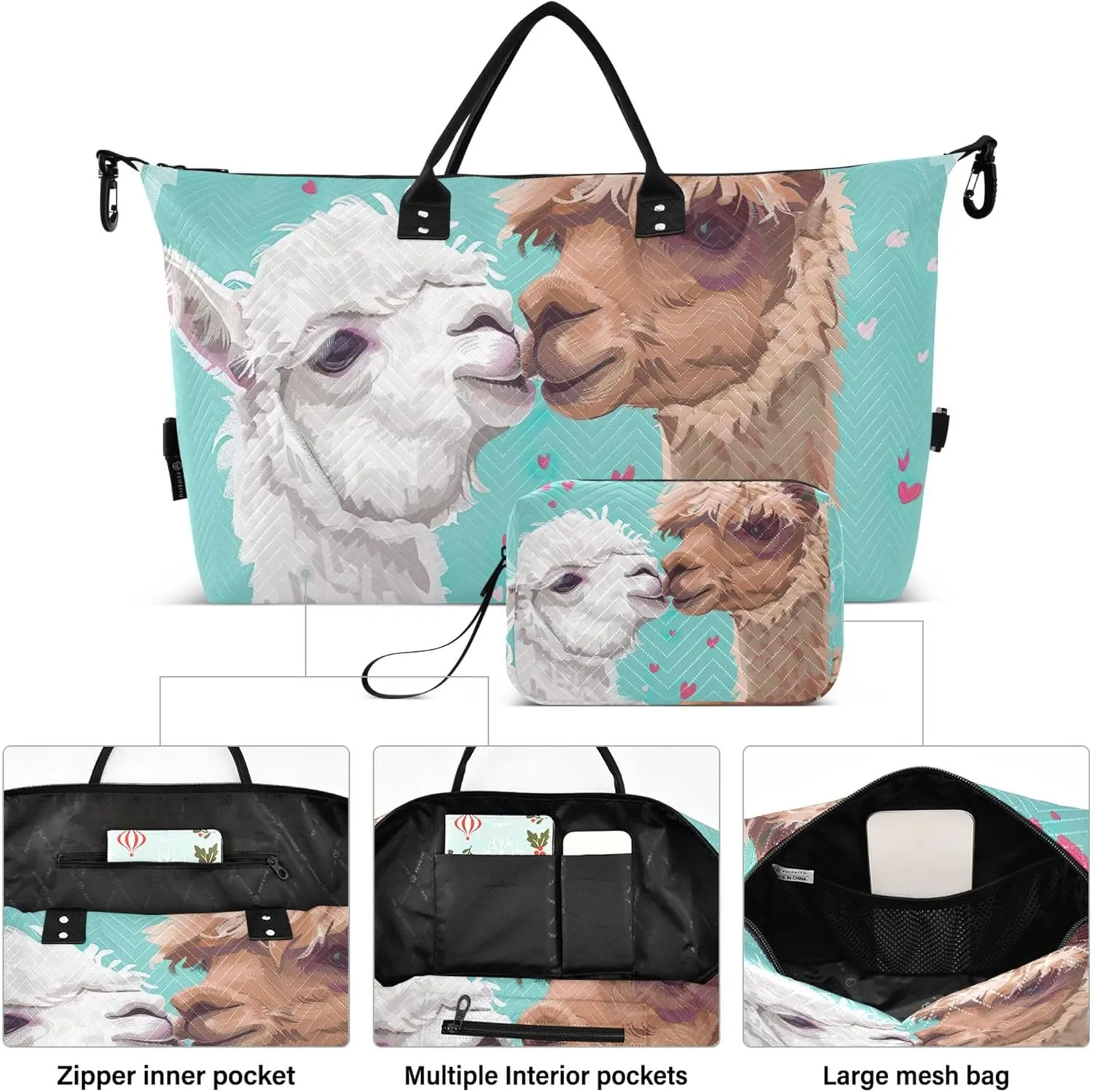 Cute Alpaca Kiss Travel Duffle Women Makeup Bag Set of 2, Print Women Gym Tote Bags Traveling Bags