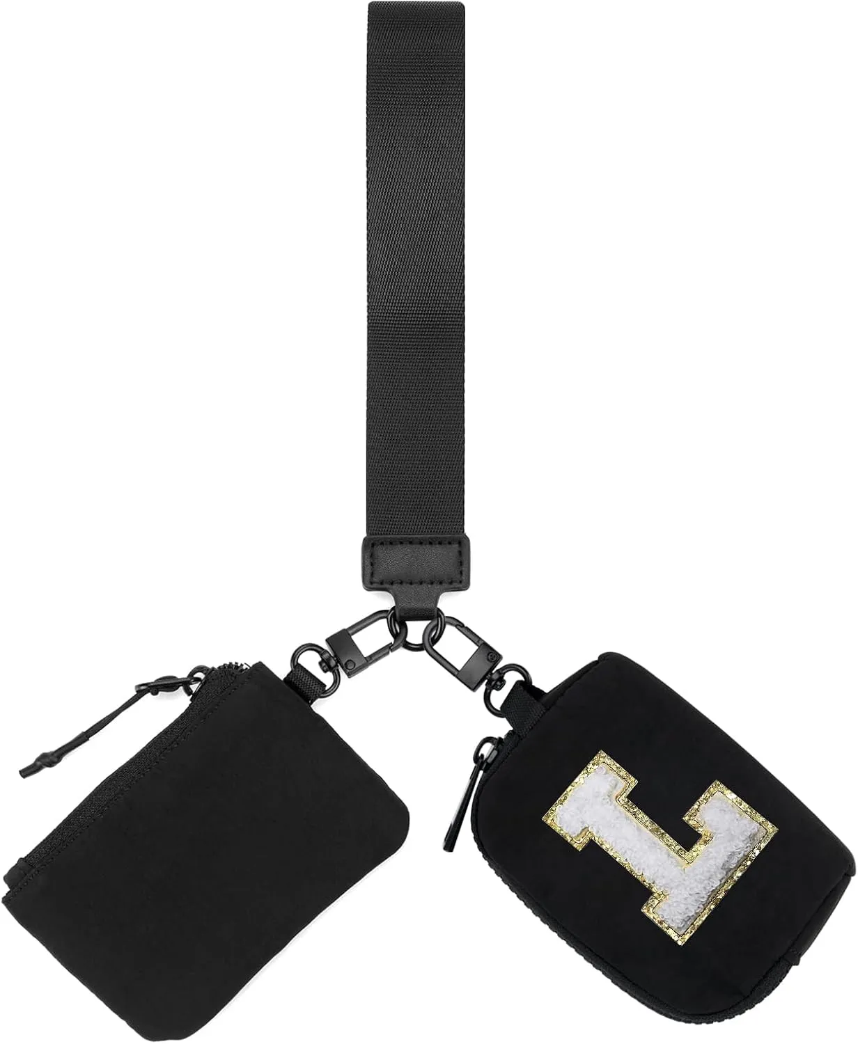 Cute Dual Pouch Wristlet Wallet, Small Keychain Wallet for Women, Mini Wallet Coin Purse, Small Change Purse, Detachable Keychain Wristlet Wallet, Portable Coin Pocket, Initial Pouch, Black & Black-L