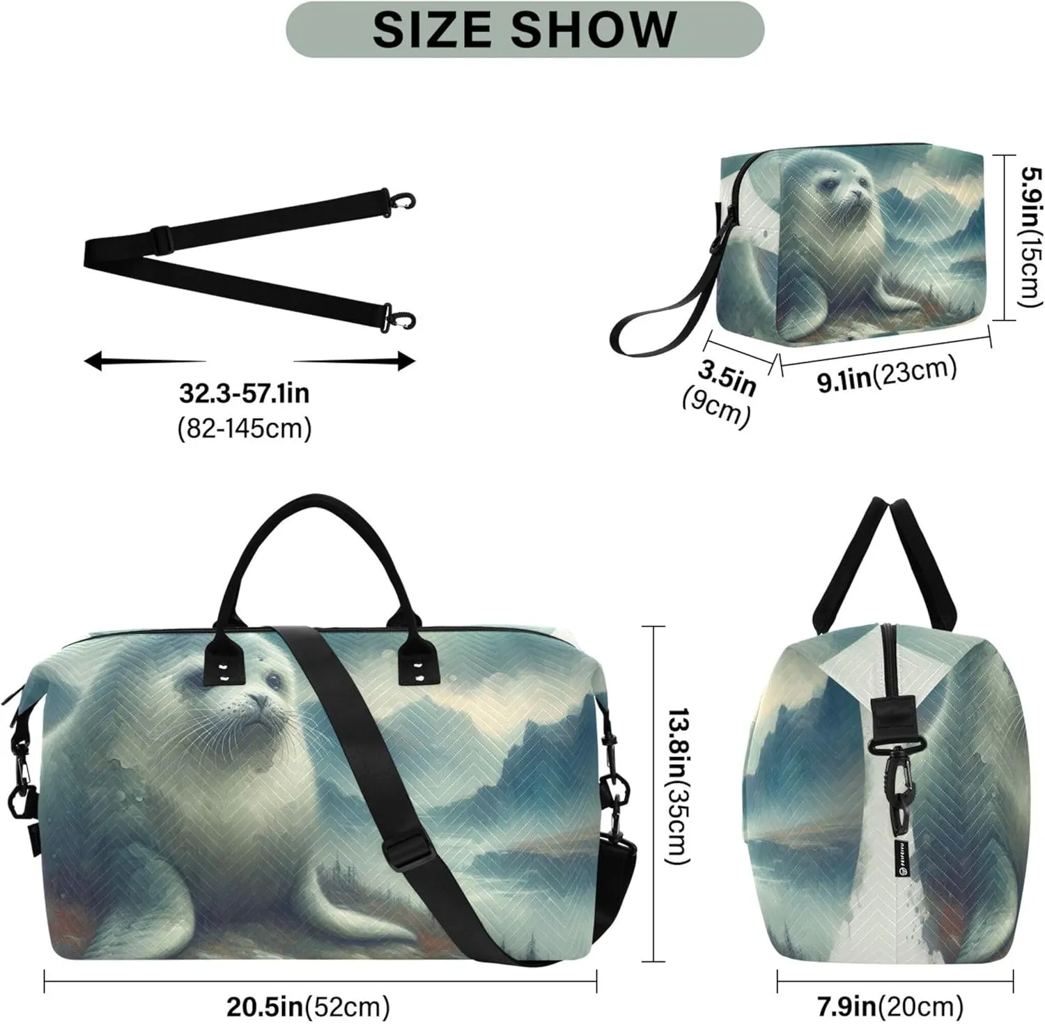 Cute Seal Watercolor Duffel Bag for Travel Cosmetic Bag Set of 2, Floral Animal Womens Garment Duffel Bag Duffle Carry on Bag