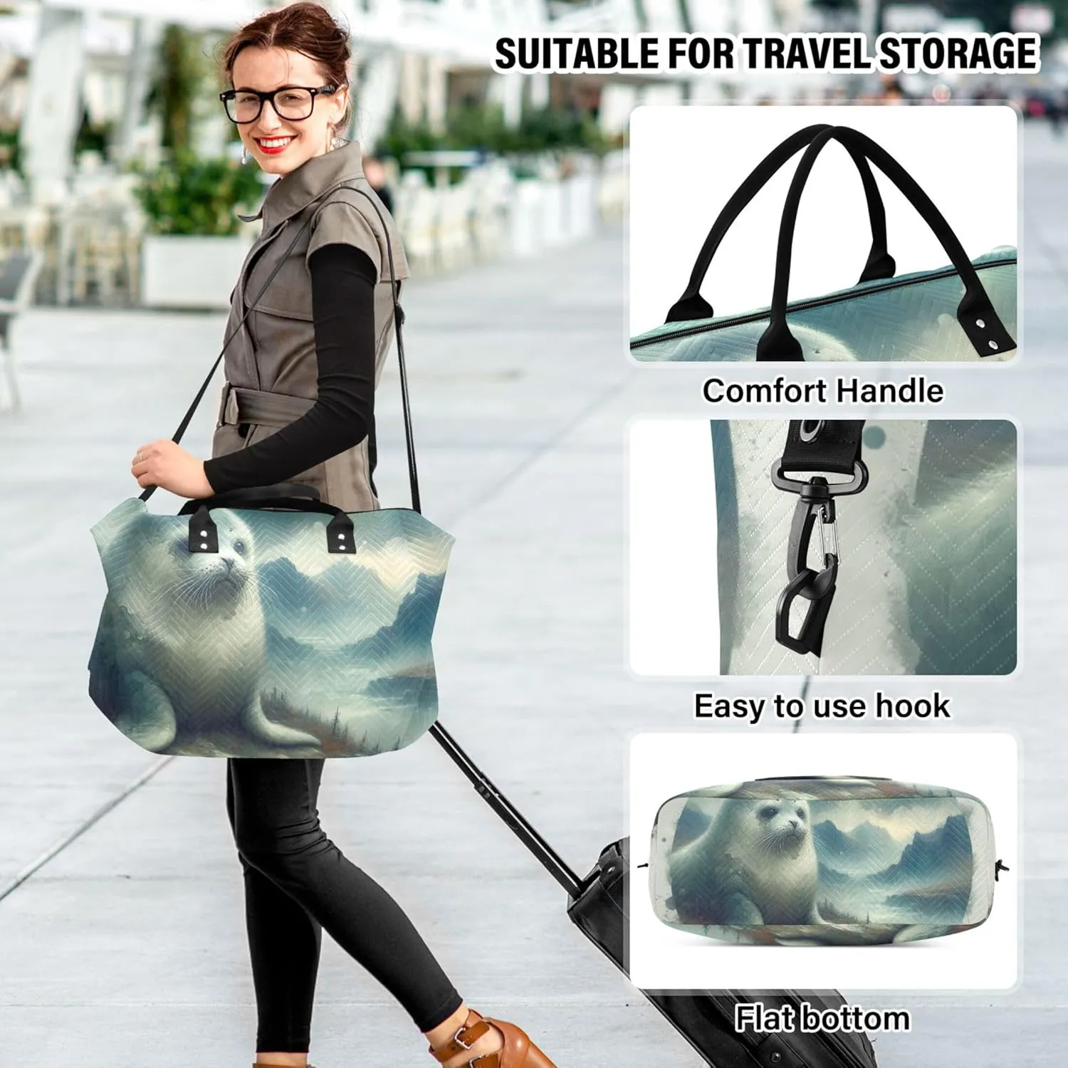 Cute Seal Watercolor Duffel Bag for Travel Cosmetic Bag Set of 2, Floral Animal Womens Garment Duffel Bag Duffle Carry on Bag