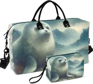 Cute Seal Watercolor Duffel Bag for Travel Cosmetic Bag Set of 2, Floral Animal Womens Garment Duffel Bag Duffle Carry on Bag