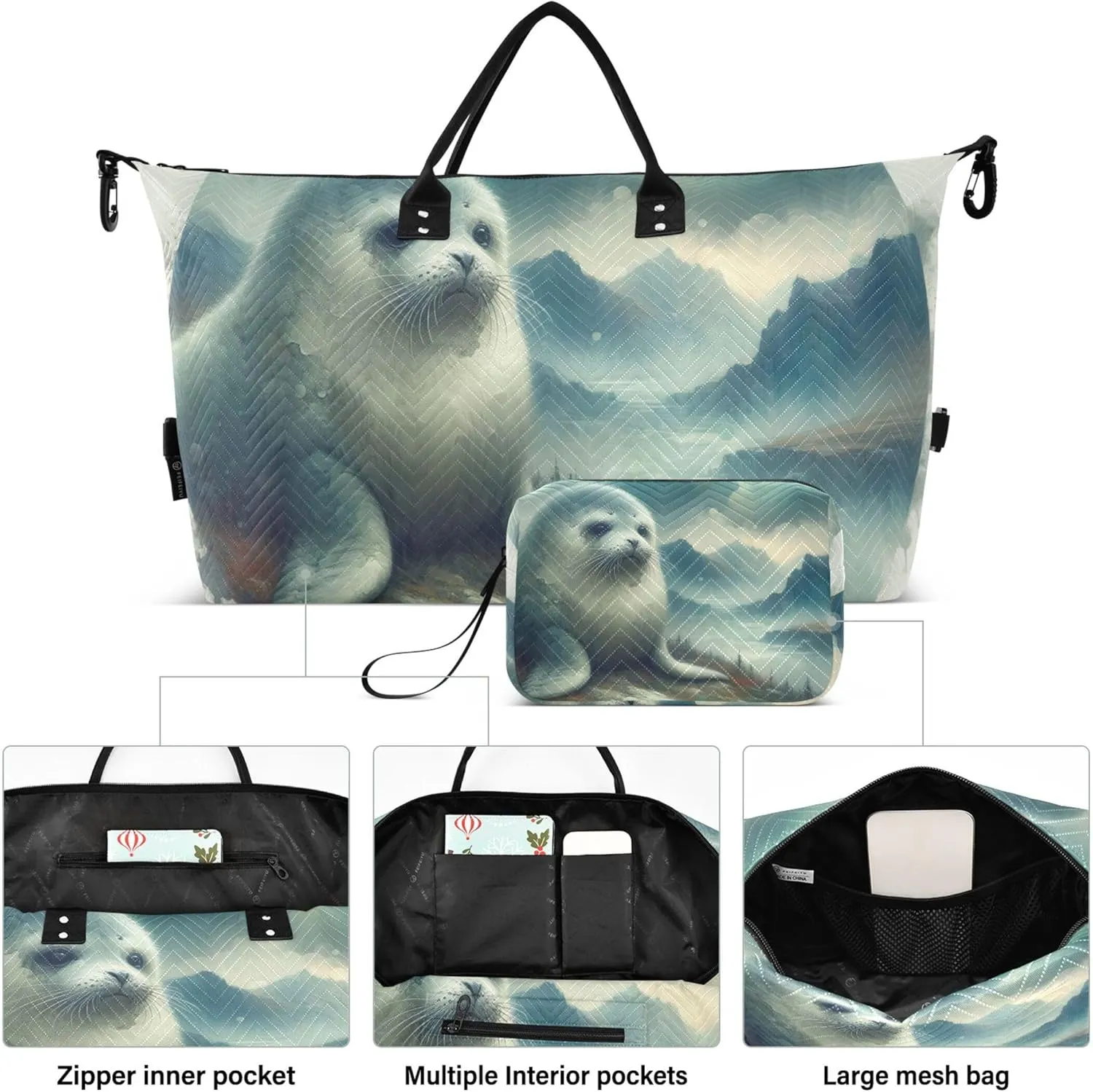 Cute Seal Watercolor Duffel Bag for Travel Cosmetic Bag Set of 2, Floral Animal Womens Garment Duffel Bag Duffle Carry on Bag