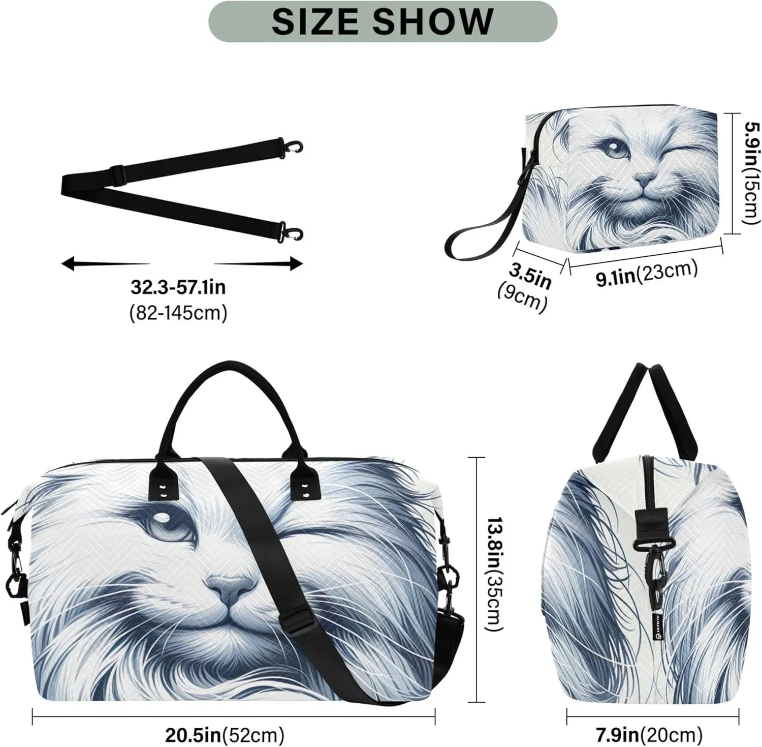 Cute White Cat Print Duffel Bag Womens Toiletry Pouches Set of 2, Print Women Sports Dance Bag Weekender Bags