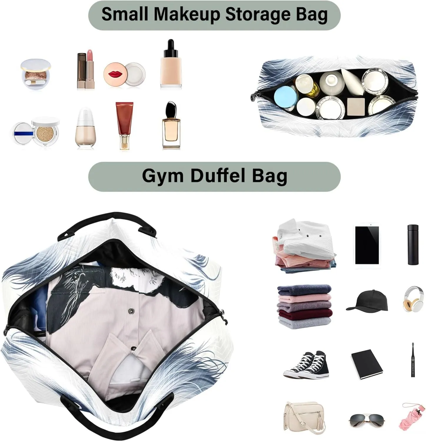 Cute White Cat Print Duffel Bag Womens Toiletry Pouches Set of 2, Print Women Sports Dance Bag Weekender Bags