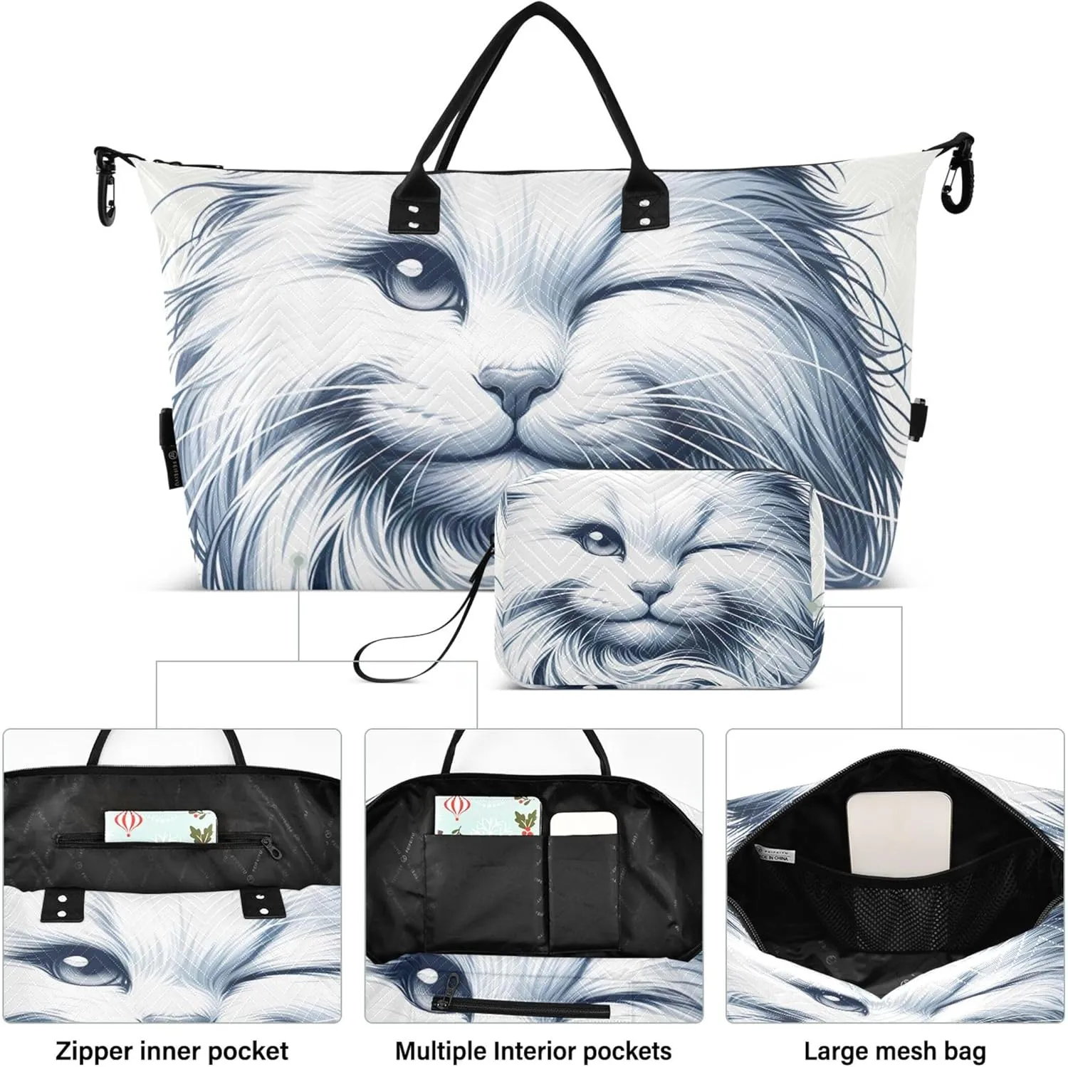 Cute White Cat Print Duffel Bag Womens Toiletry Pouches Set of 2, Print Women Sports Dance Bag Weekender Bags
