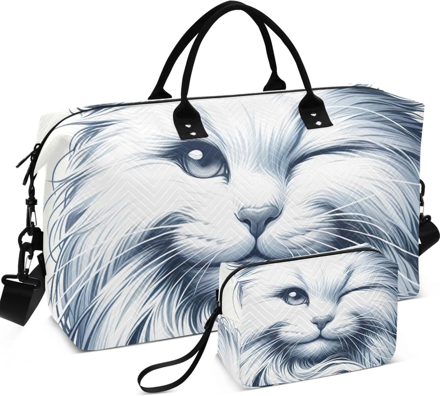Cute White Cat Print Duffel Bag Womens Toiletry Pouches Set of 2, Print Women Sports Dance Bag Weekender Bags