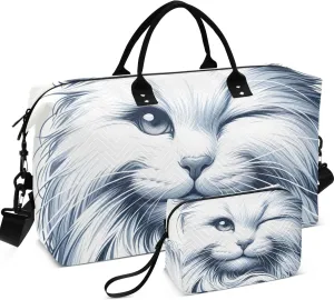 Cute White Cat Print Duffel Bag Womens Toiletry Pouches Set of 2, Print Women Sports Dance Bag Weekender Bags