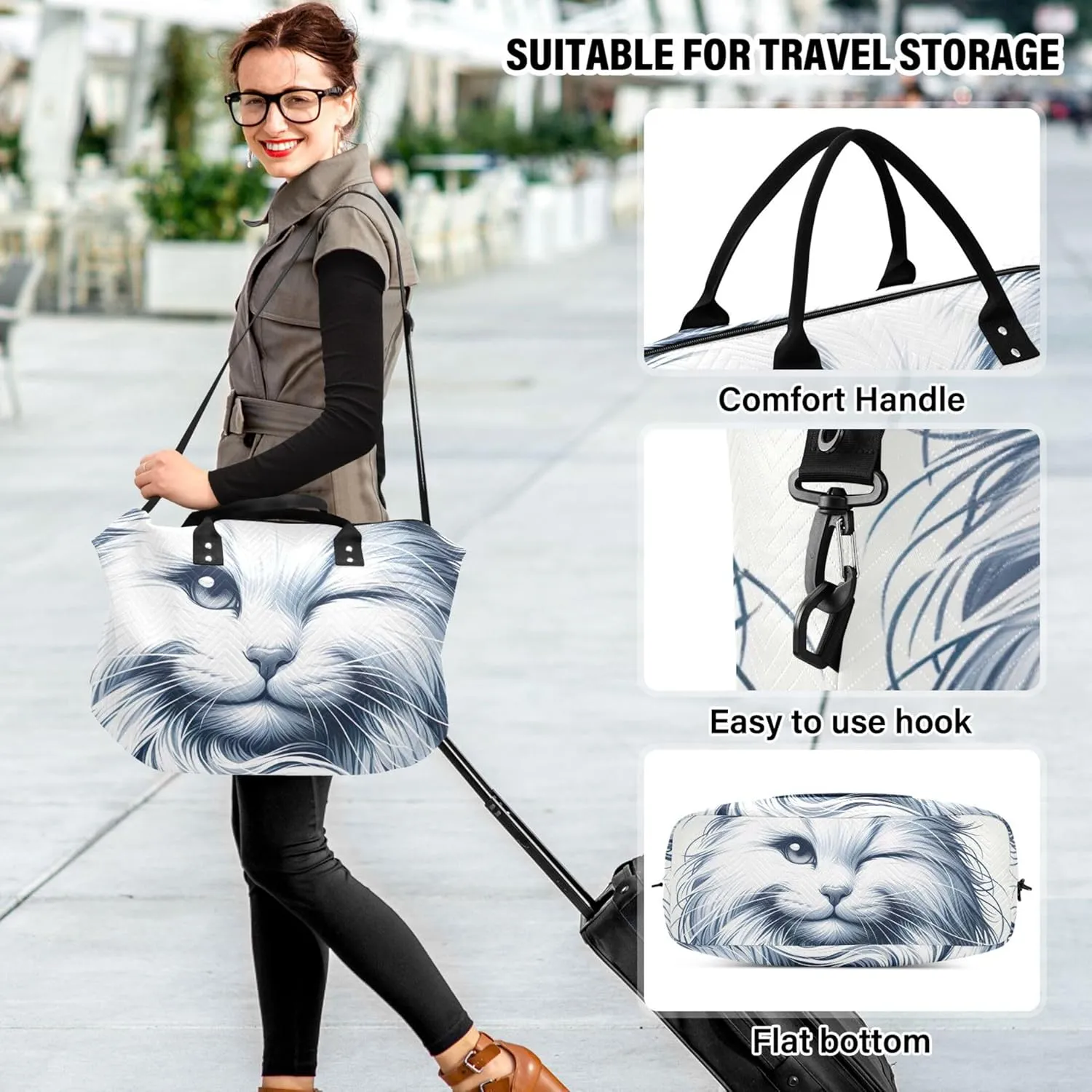 Cute White Cat Print Duffel Bag Womens Toiletry Pouches Set of 2, Print Women Sports Dance Bag Weekender Bags