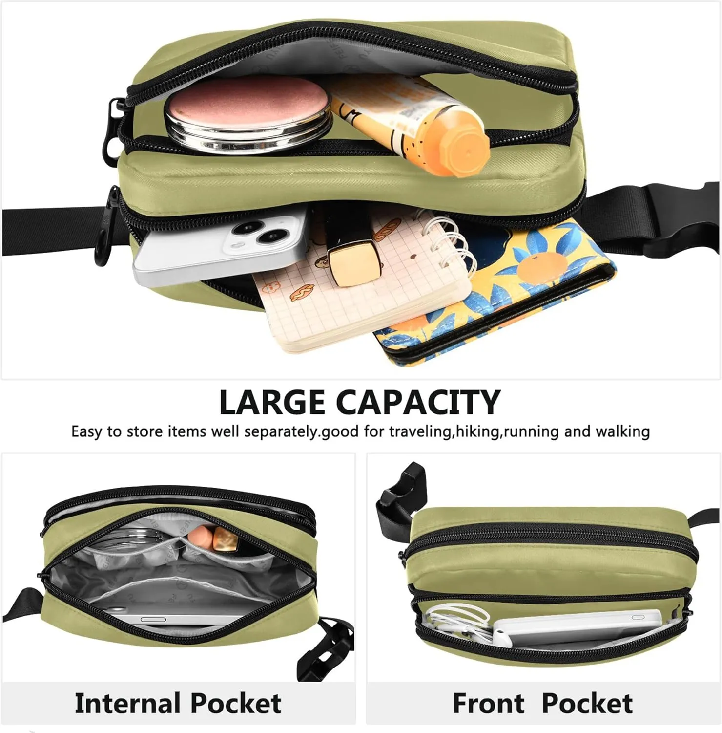 Dark Khaki Fanny Packs for Women Bright Belt Bag Hip Pack Waterproof Waist Pouches for Men