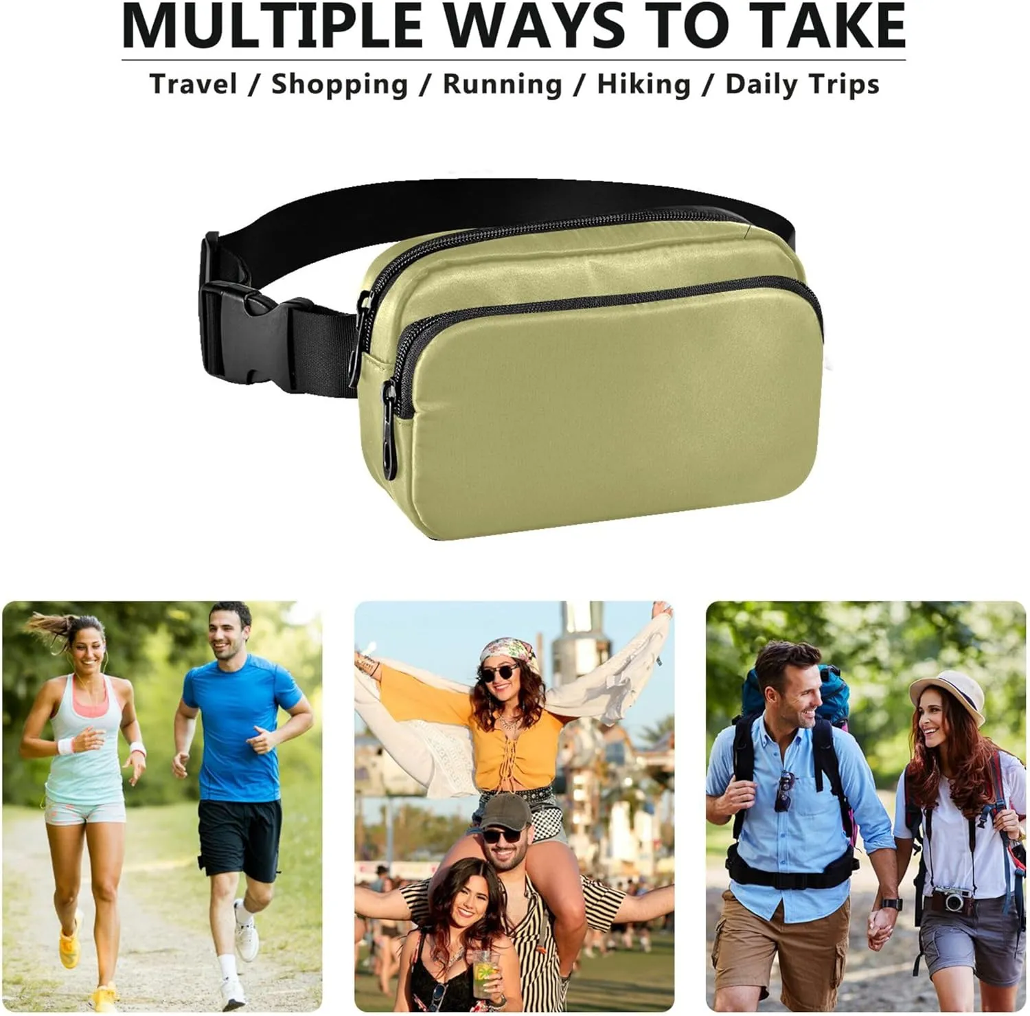 Dark Khaki Fanny Packs for Women Bright Belt Bag Hip Pack Waterproof Waist Pouches for Men