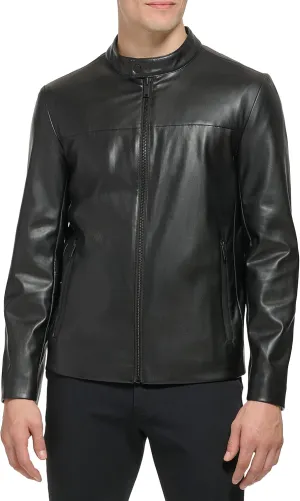 DKNY Men's Faux Laether Modern Racer Jacket Leather