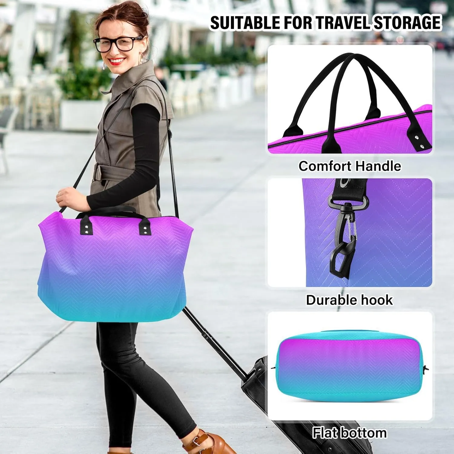 DOMIKING Blue Purple Gradient Travel Duffle Bag Foldable Weekender Overnight Bags for Women Men Carry On Gym Bag Personal Item Travel Bag with Toiletry Bag for Yoga Business Travel, 2 Pcs