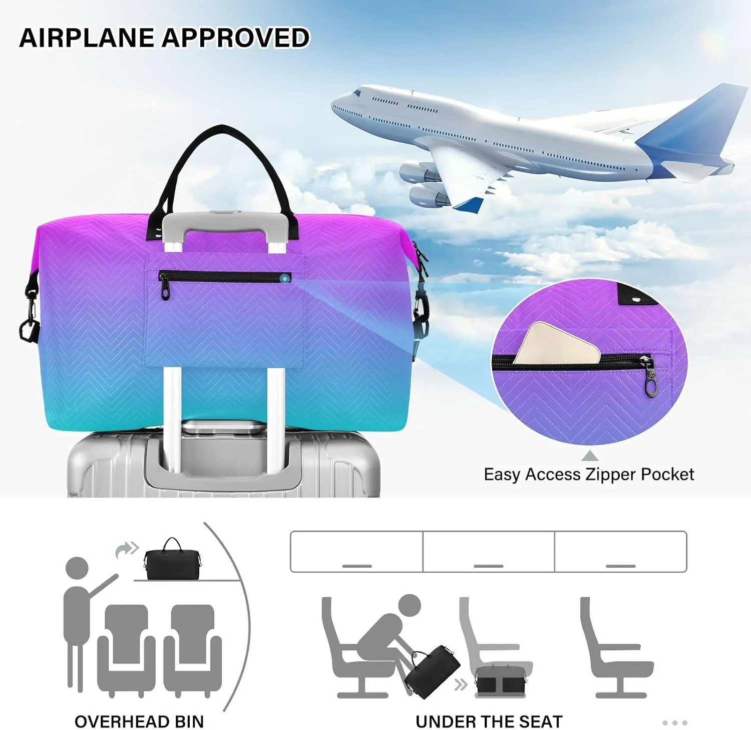 DOMIKING Blue Purple Gradient Travel Duffle Bag Foldable Weekender Overnight Bags for Women Men Carry On Gym Bag Personal Item Travel Bag with Toiletry Bag for Yoga Business Travel, 2 Pcs