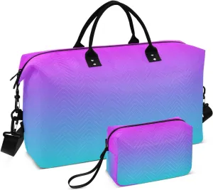 DOMIKING Blue Purple Gradient Travel Duffle Bag Foldable Weekender Overnight Bags for Women Men Carry On Gym Bag Personal Item Travel Bag with Toiletry Bag for Yoga Business Travel, 2 Pcs