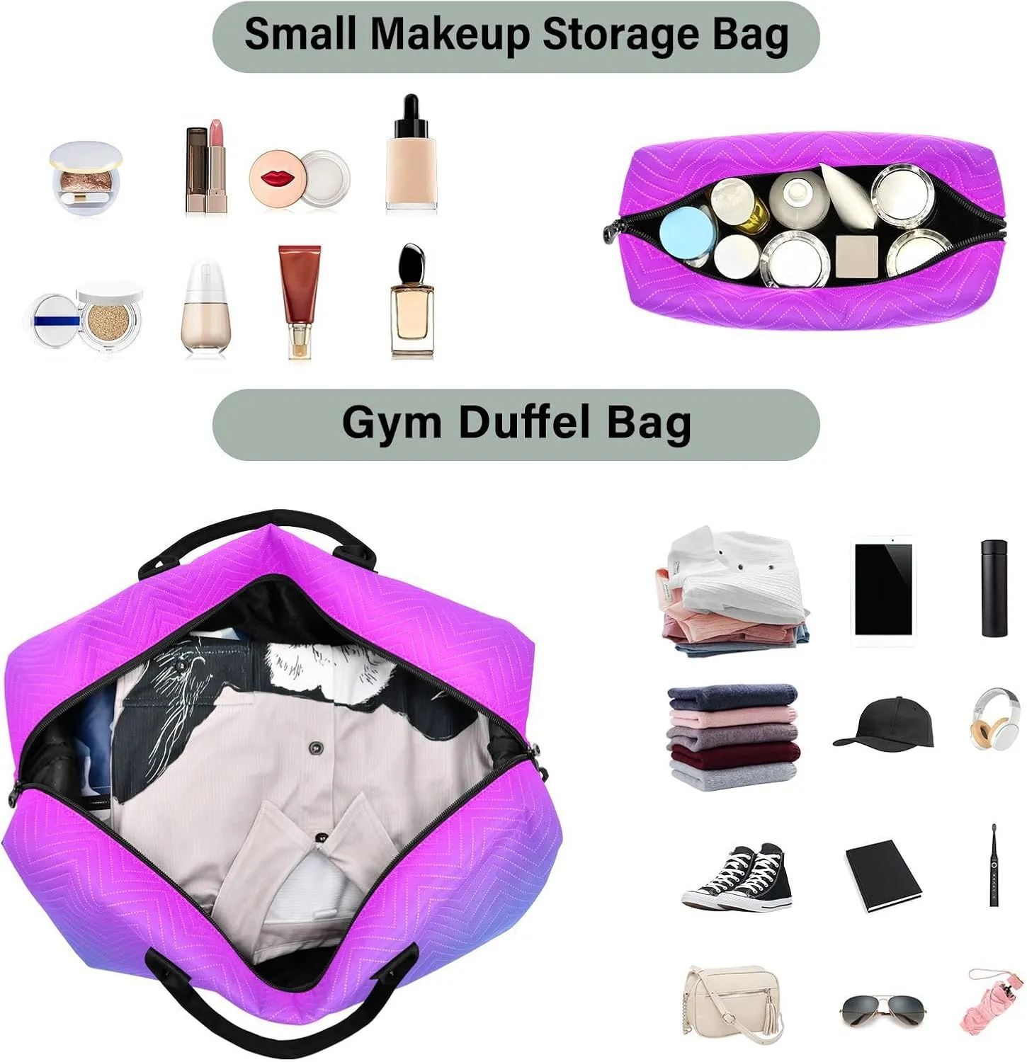 DOMIKING Blue Purple Gradient Travel Duffle Bag Foldable Weekender Overnight Bags for Women Men Carry On Gym Bag Personal Item Travel Bag with Toiletry Bag for Yoga Business Travel, 2 Pcs