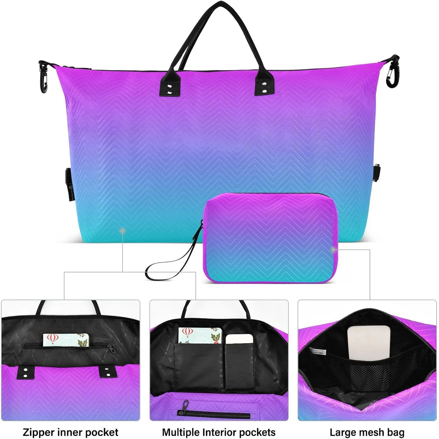 DOMIKING Blue Purple Gradient Travel Duffle Bag Foldable Weekender Overnight Bags for Women Men Carry On Gym Bag Personal Item Travel Bag with Toiletry Bag for Yoga Business Travel, 2 Pcs