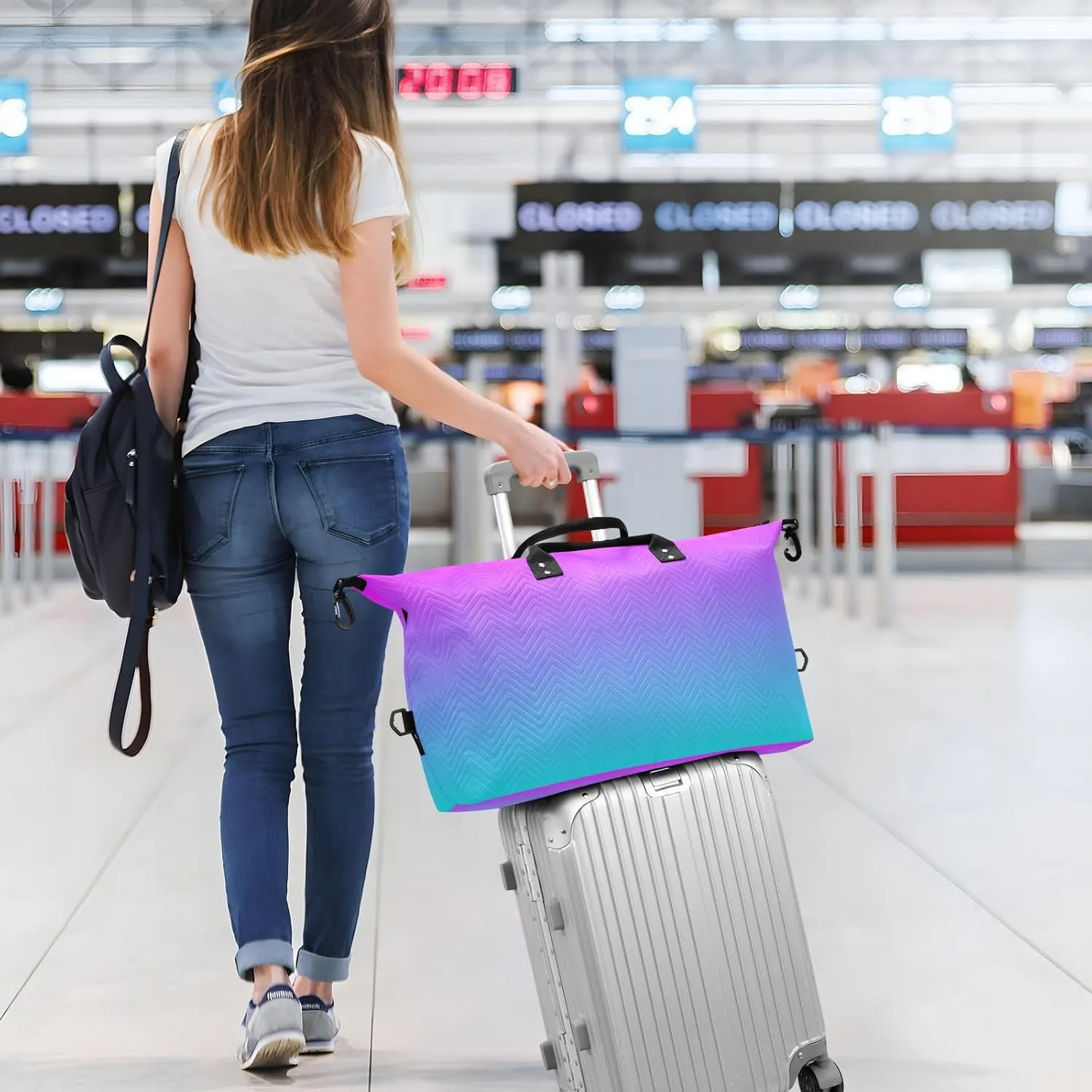 DOMIKING Blue Purple Gradient Travel Duffle Bag Foldable Weekender Overnight Bags for Women Men Carry On Gym Bag Personal Item Travel Bag with Toiletry Bag for Yoga Business Travel, 2 Pcs