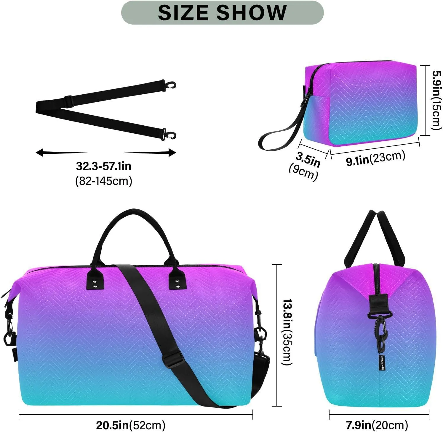 DOMIKING Blue Purple Gradient Travel Duffle Bag Foldable Weekender Overnight Bags for Women Men Carry On Gym Bag Personal Item Travel Bag with Toiletry Bag for Yoga Business Travel, 2 Pcs