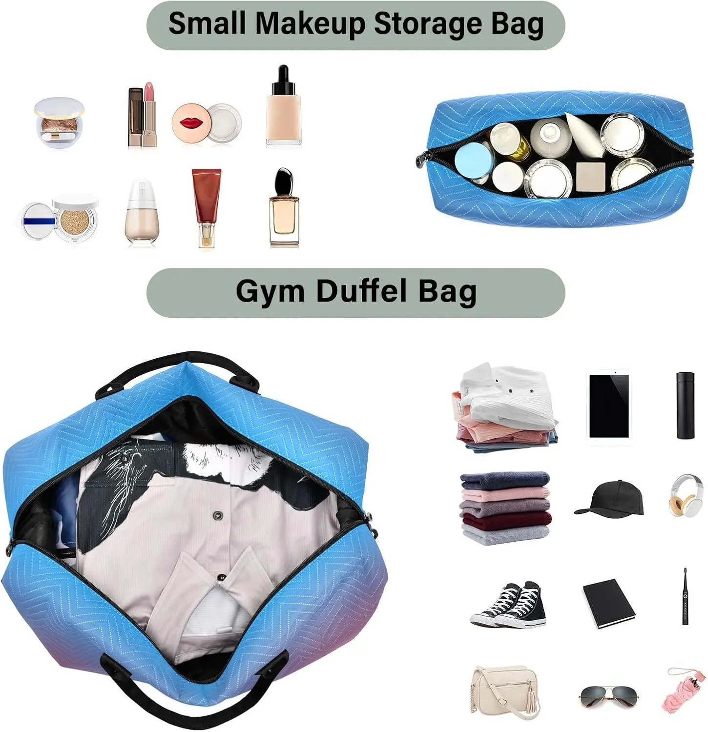 DOMIKING Blue Red Gradient Travel Duffle Bag Foldable Weekender Overnight Bags for Women Men Carry On Tote Bag Personal Item Travel Bag with Toiletry Bag for Trip Gym Business Yoga, 2 Pcs