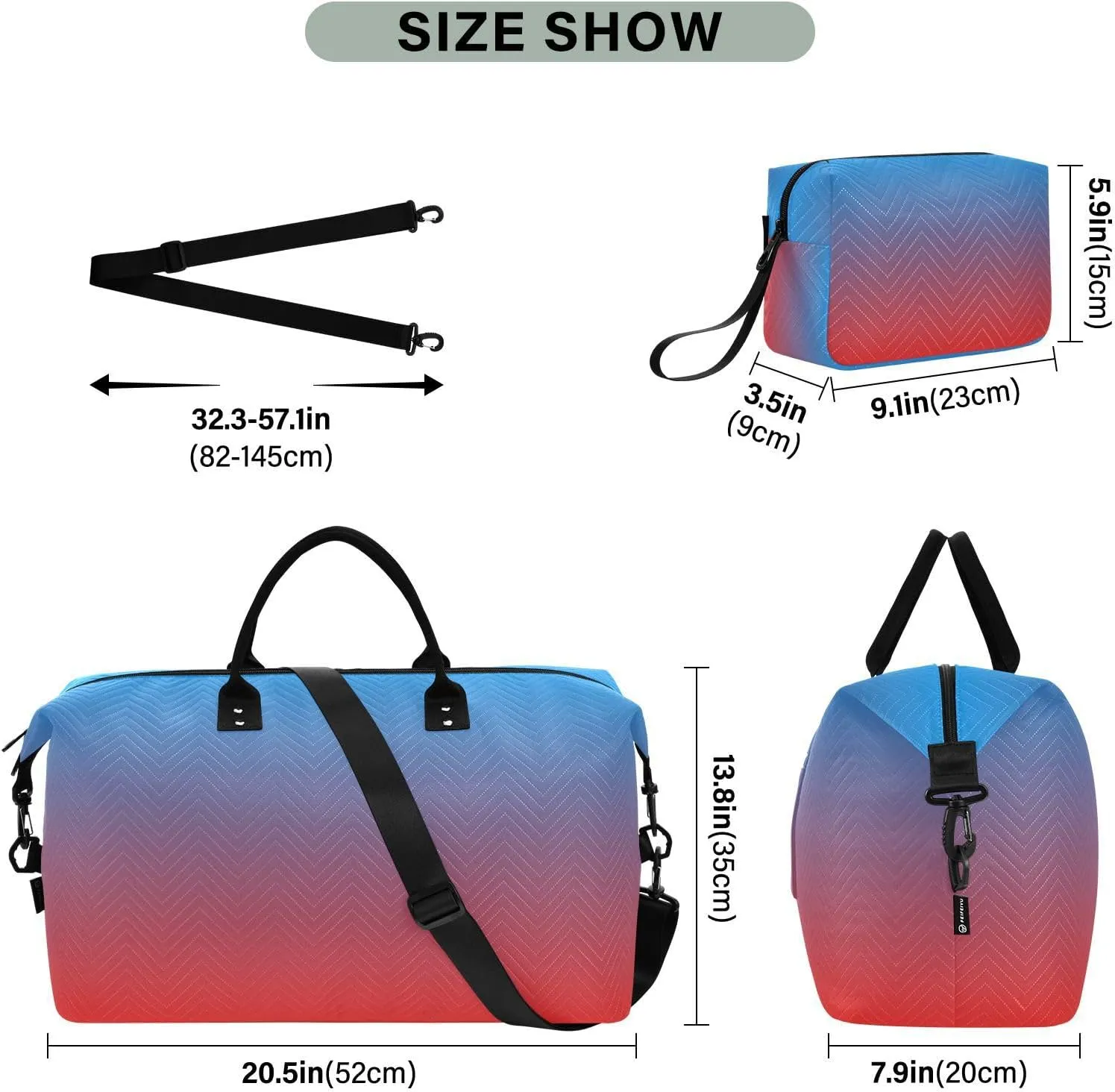 DOMIKING Blue Red Gradient Travel Duffle Bag Foldable Weekender Overnight Bags for Women Men Carry On Tote Bag Personal Item Travel Bag with Toiletry Bag for Trip Gym Business Yoga, 2 Pcs