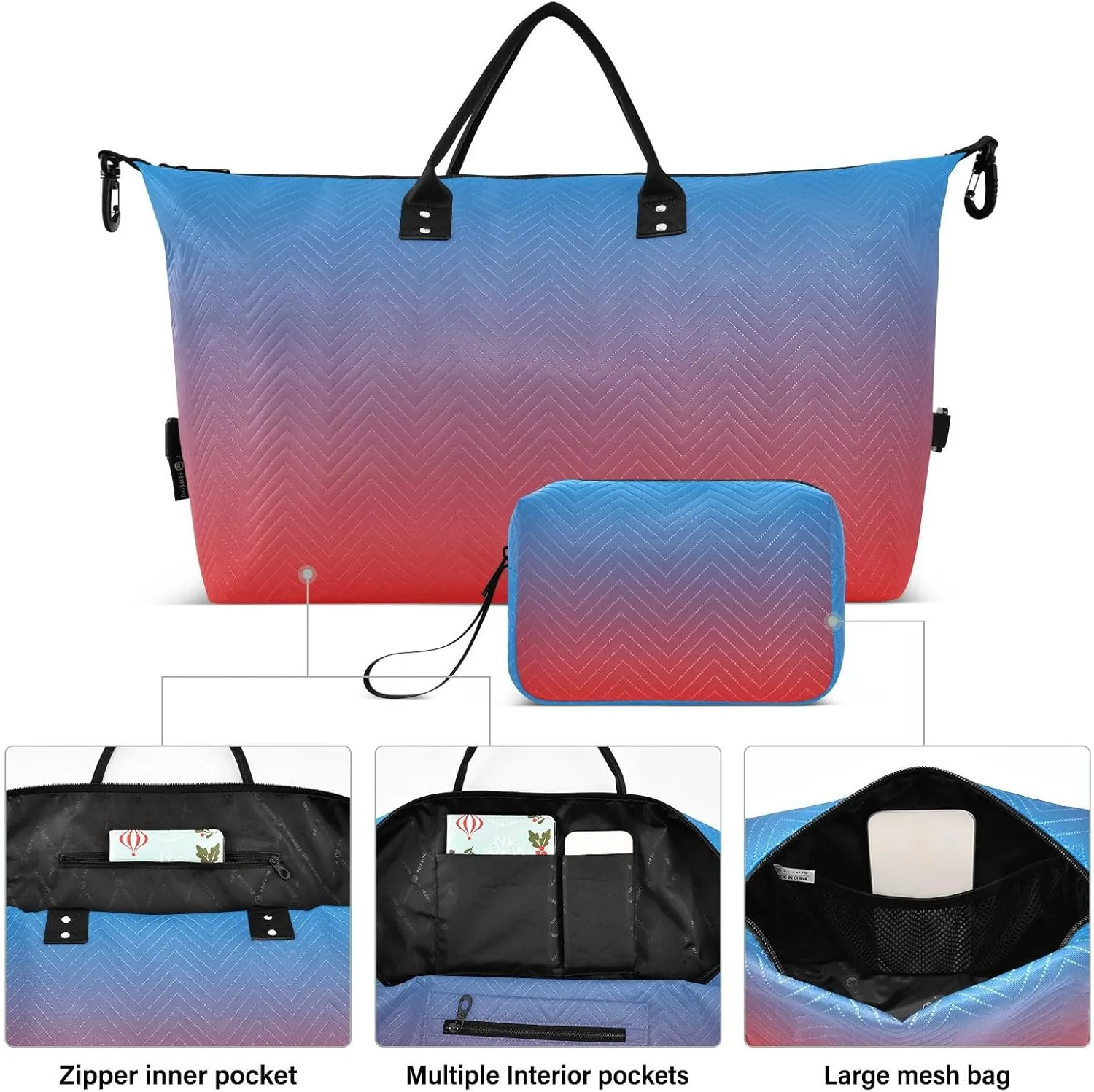 DOMIKING Blue Red Gradient Travel Duffle Bag Foldable Weekender Overnight Bags for Women Men Carry On Tote Bag Personal Item Travel Bag with Toiletry Bag for Trip Gym Business Yoga, 2 Pcs